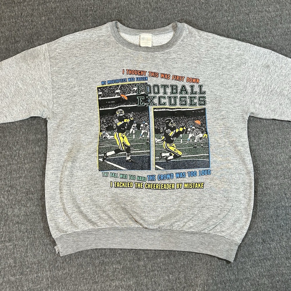 Vintage 80s Gray Football Excuses Funny Sweater Pullover Size 2XL USA Distressed